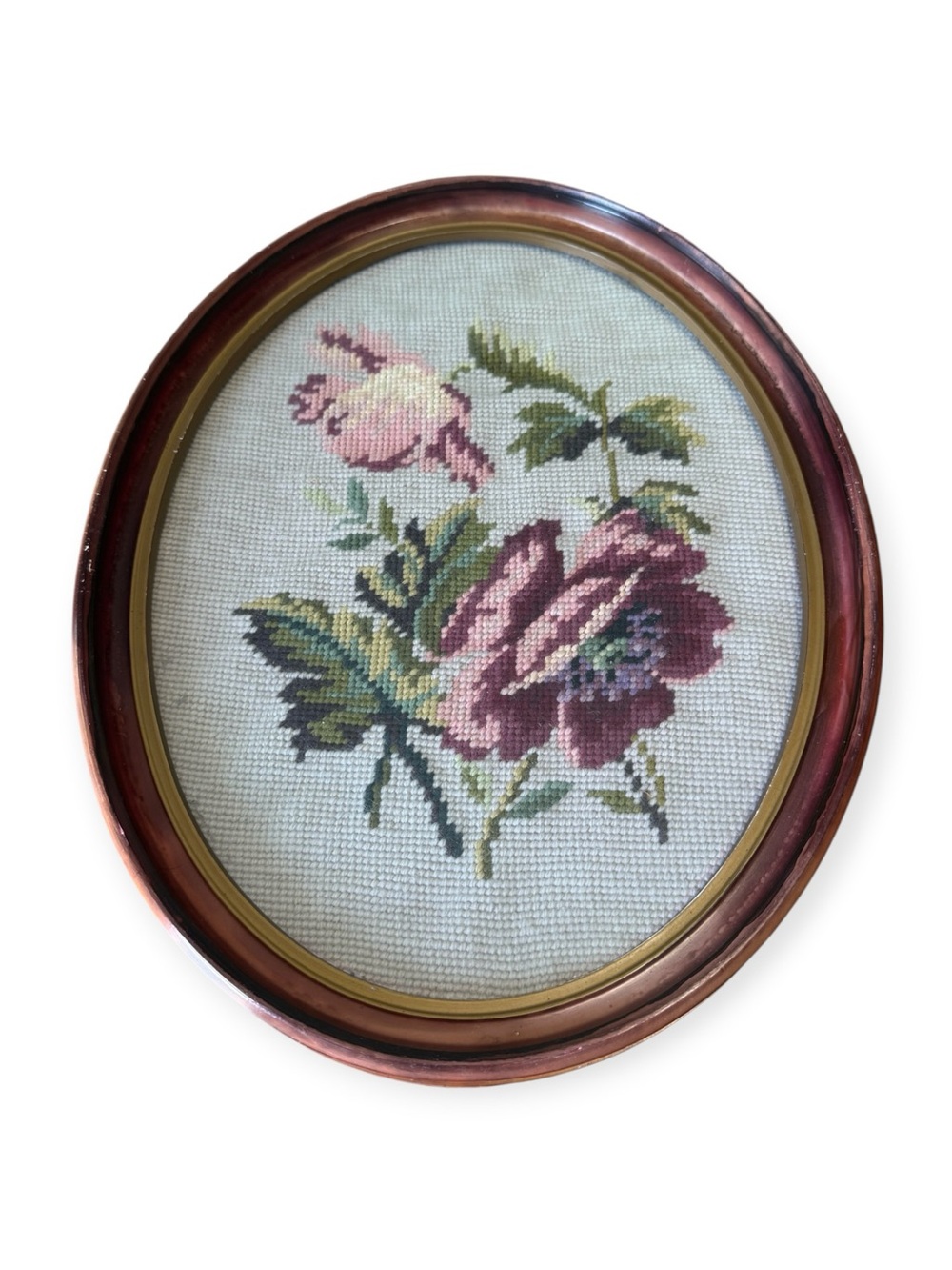 Vintage Framed Floral Needlepoint Oval Wood Frame Cottage Decor